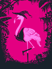 Canvas Print - Halloween Flamingo Witch Illustration