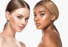 Two Wemen With Dark And Light Skin Tone Caucasian And African American Models With Different Skintones Lines Beauty Healthy Concept