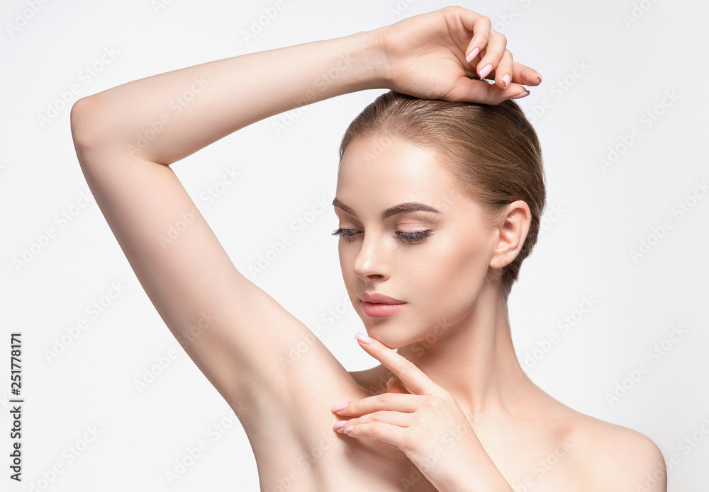 Armpit woman hand up deodorant epilation clean concept - obrazy, fototapety, plakaty 