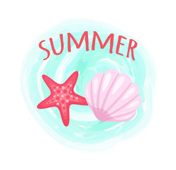 Wall Mural - Summer poster aquatic creatures vector, isolated conch and starfish on blue watercolor splash. Pink seastars marine animal, ocean dwellers, summertime