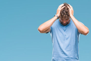 Sticker - Handsome hispanic model man over isolated background suffering from headache desperate and stressed because pain and migraine. Hands on head.