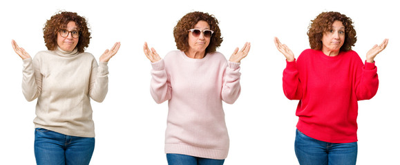 Poster - Collage of middle age senior woman wearing winter sweater over white isolated background clueless and confused expression with arms and hands raised. Doubt concept.