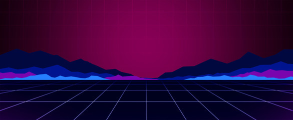 Neon background template. Electric light perspective. Retro computer games, sci-fi technology, vintage graphics and holographic projection concept.