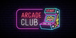 Arcade game machine neon sign. Arcade club emblem. Advertising design. Night light signboard. Vector illustration.