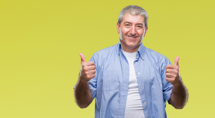 Handsome senior man over isolated background success sign doing positive gesture with hand, thumbs up smiling and happy. Looking at the camera with cheerful expression, winner gesture.