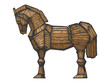 Trojan horse color sketch engraving vector illustration. Horse wooden figure. Scratch board style imitation. Hand drawn image.