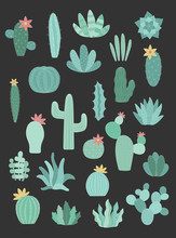 Vector Set Of Green Cacti With White Silhouette On The Dark Background. Hand-drawn Illustration Of A Cactus In Scandinavian Style. Summer Collection For Decor, Card, Home, Interior, Print, Poster,baby
