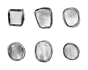 Wall Mural - Vector Set of Monochrome Black and White Watercolor Spots, Doodle Gray Frames, Blank Design Element.