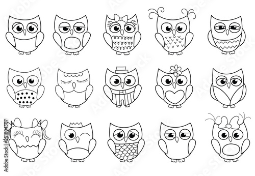 Cute Owls Collection Outlined Black And White Cartoon