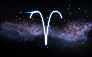 astrology and horoscope - aries zodiac sign over dark night sky with stars and galaxy background