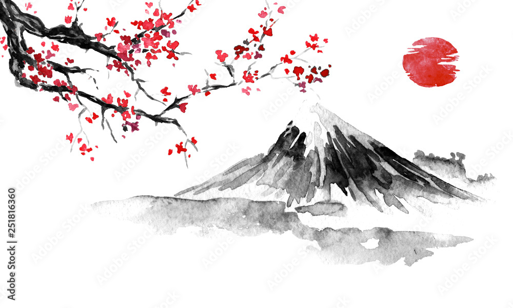Japan traditional sumi e painting. Fuji mountain sakura sunset. Japan sun. Indian ink illustration. Japanese picture. Stock Adobe Stock