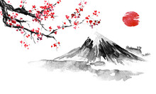 Japan Traditional Sumi-e Painting. Fuji Mountain, Sakura, Sunset. Japan Sun. Indian Ink Illustration. Japanese Picture.