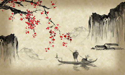 Fototapeta Japan traditional sumi-e painting. Indian ink illustration. Japanese picture. Man, boat, sakura, mountains