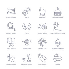 Sticker - set of 16 thin linear icons such as halal, dua hands, reading quran, kaaba mecca, islamic lantern, arabic art, genie lamp from religion collection on white background, outline sign icons or symbols