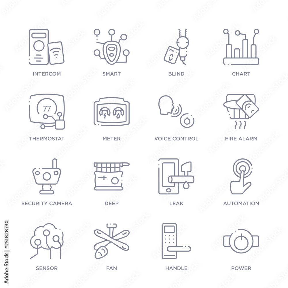 set of 16 thin linear icons such as power, handle, fan, sensor ...