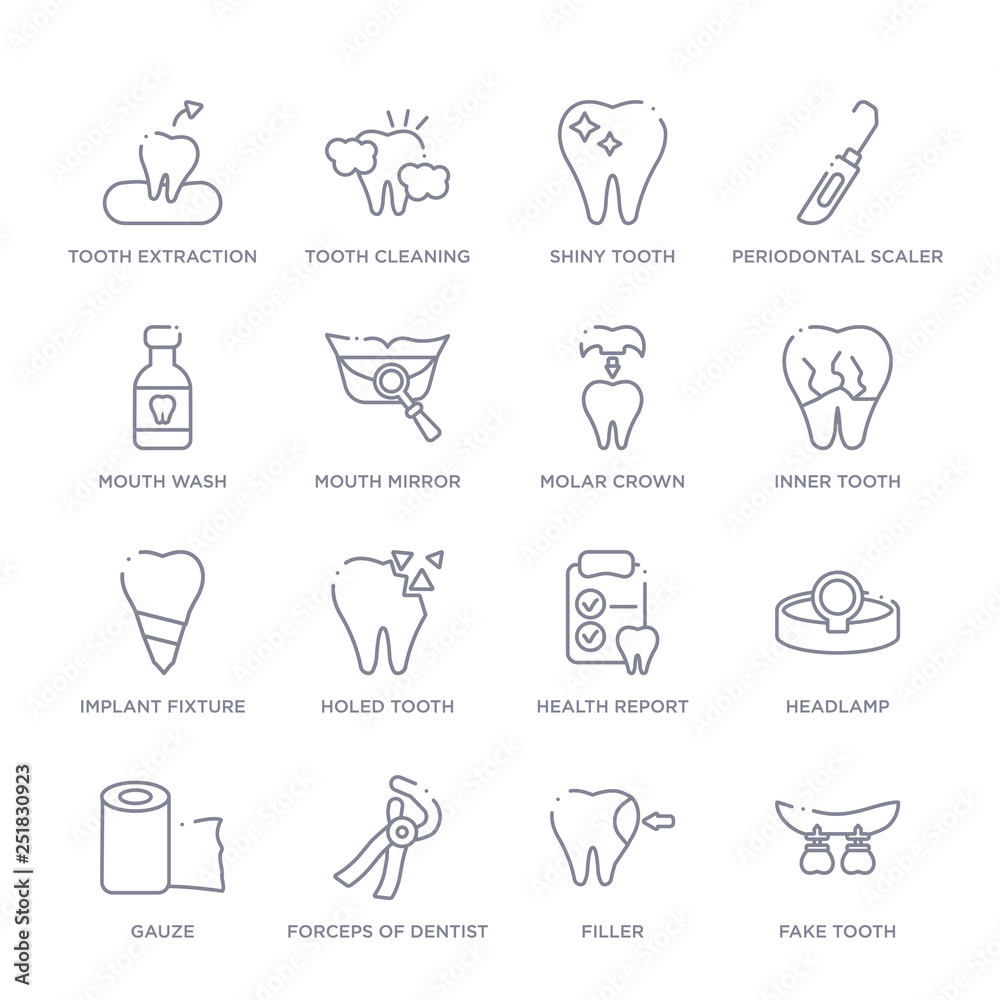 set of 16 thin linear icons such as fake tooth, filler, forceps of ...