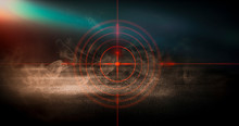Futuristic Abstract Background. Empty Room Background, Concrete. Neon Red Light Smoke. Laser Lines, Laser Target In The Center Of The Room.
