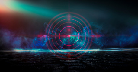 Wall Mural - Futuristic abstract background. Empty room background, concrete. Neon red light smoke. Laser lines, laser target in the center of the room.