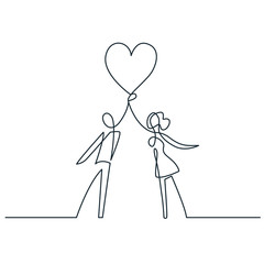 Sticker - Man and women holding heart continuous one line vector drawing. Love couple