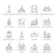 set of 16 thin linear icons such as greek column, monument site, spain, russia, philippines, denmark, cambodia from monuments collection on white background, outline sign icons or symbols