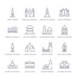 set of 16 thin linear icons such as gateway of india, hassan mosque, alcala gate, dome of the rock, the clock tower, belem tower, chiang kai shek memorial hall from monuments collection on white