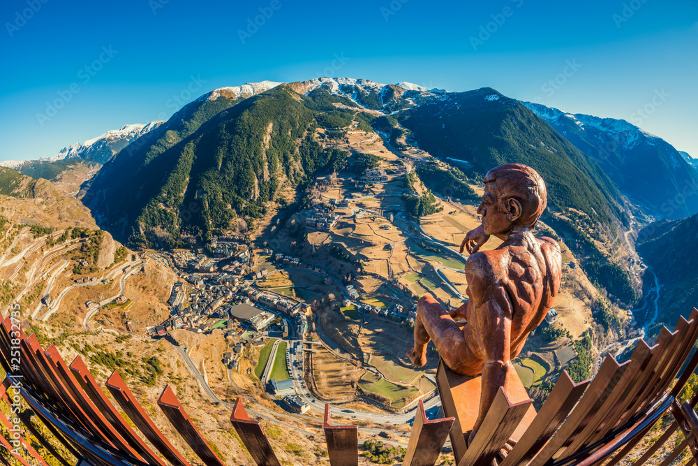 Fisheye view on the village of Canillo Andorra and its surroundings - obrazy, fototapety, plakaty 