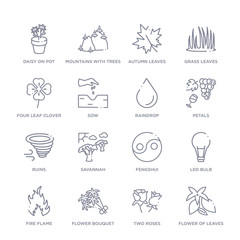 set of 16 thin linear icons such as flower of leaves, two roses, flower bouquet, fire flame, led bul