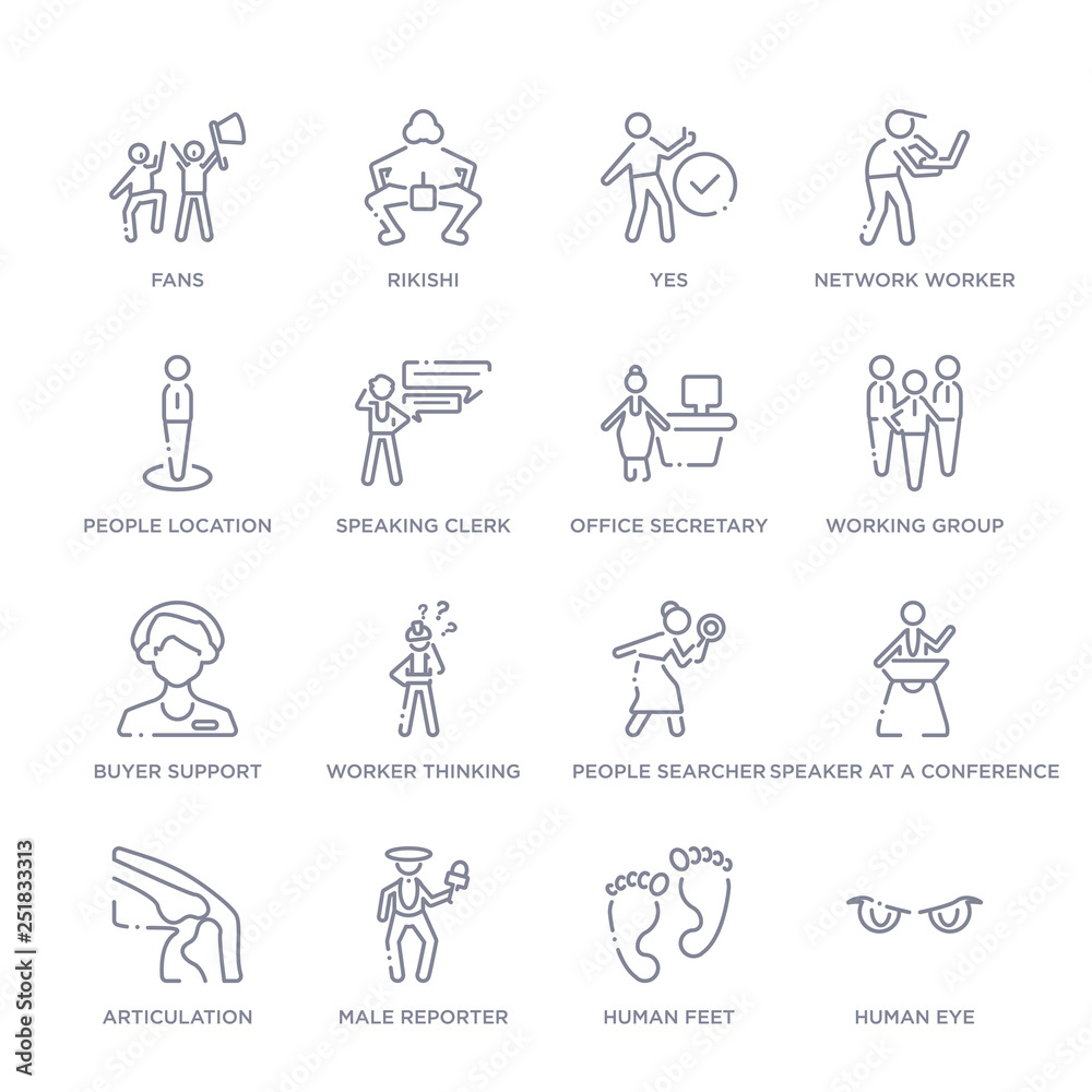 set of 16 thin linear icons such as human eye, human feet, male ...