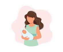 Woman Holding Newborn Baby, Concept Vector Illustration In Cute Cartoon Style, Health, Care, Maternity