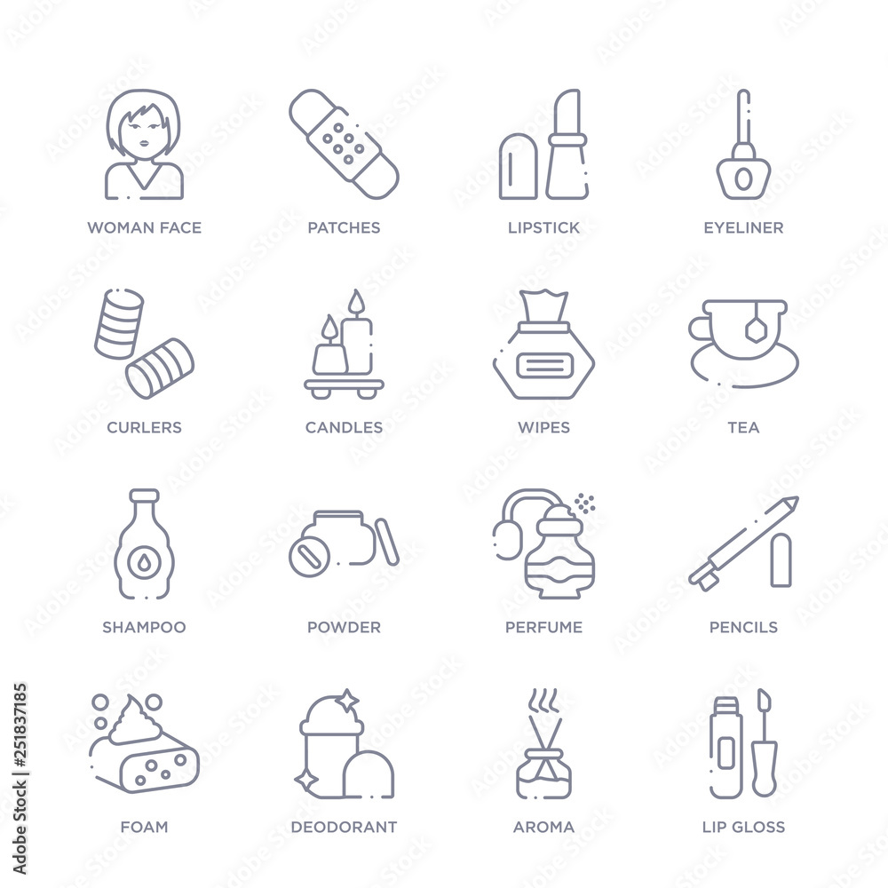 set of 16 thin linear icons such as lip gloss, aroma, deodorant, foam ...