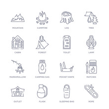 Set Of 16 Thin Linear Icons Such As Rope, Sleeping Bag, Flask, Outlet, Matches, Pocket Knife, Camping Gas From Camping Collection On White Background, Outline Sign Icons Or Symbols