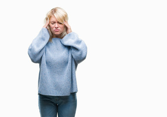 Sticker - Young beautiful blonde woman wearing winter sweater over isolated background with hand on head for pain in head because stress. Suffering migraine.