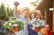 Happy guy and girl gardeners in a straw hats hold pots with wonderful petunia in the garden on a sunshine