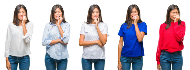 Poster - Composition of chinese asian woman over isolated background looking stressed and nervous with hands on mouth biting nails. Anxiety problem.