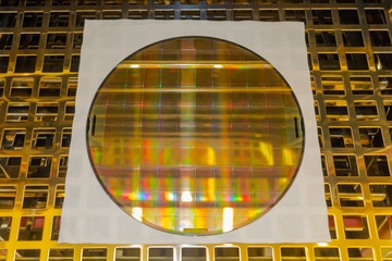 Silicon Wafer with microchips in the oven with gold pallet