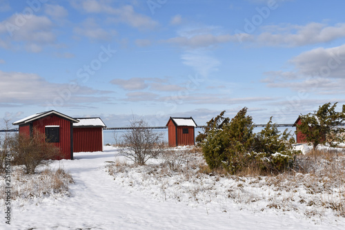 Winter View By Old Fishing Cabins Buy This Stock Photo And
