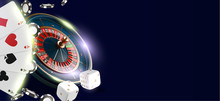 Online Casino Banner Or Flyer Background. Vegas Casino Roulette Wheel Isolated On Blue Background. 3d Realistic Vector Illustration. Online Poker Casino Roulette Gambling Backdrop Concept Design.
