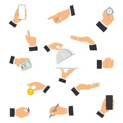 Poster - A set of human hands showing different gestures holding different objects. Gestures of hands. Vector illustration.