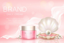 Vector 3d Realistic Advertising Mock Up - Daily Cream In Pink Jar, Cosmetics Background With Light Aerial Fabric. Moisturizing Essence With Pearl In Shell For Poster, Banner. Skincare, Hygiene Product