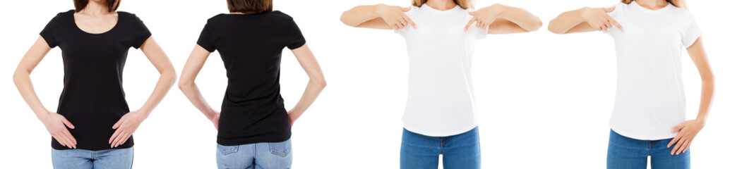 Sticker - Woman In White And Black T Shirt Isolated Front And Rear Views Cropped image Blank T-shirt Options, Girl In Tshirt Set. Mock Up. Shirt Design And People Concept.