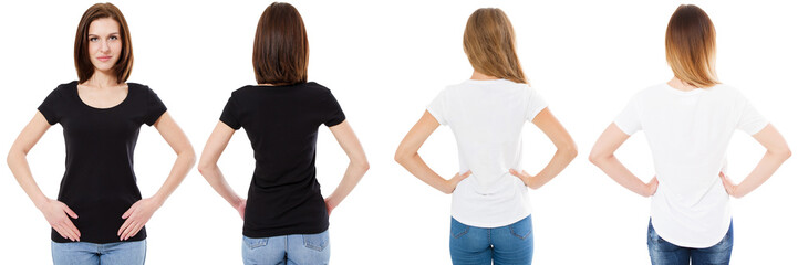 Sticker - t-shirts set, front and back views woman in black and white tshirt, mock up, copy space, three women t shirt