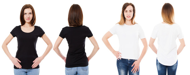 Wall Mural - Woman in white t-shirt and brunette girl in black t shirt isolated on white background front and back view, mockup, copy space.