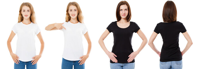 Sticker - T-shirt set. Front and back view Brunette and Blonde in white and black t shirt isolated. Two girl in blank shirt, Mock up, Collage, Copy space, Template