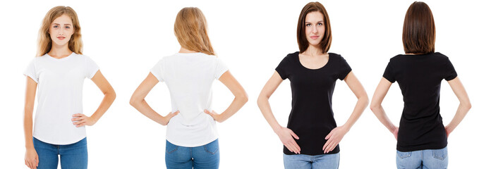 Wall Mural - T-shirt set. Front and back view Brunette and Blonde in white and black t shirt isolated. Two girl in blank shirt, Mock up, Collage, Copy space, Template