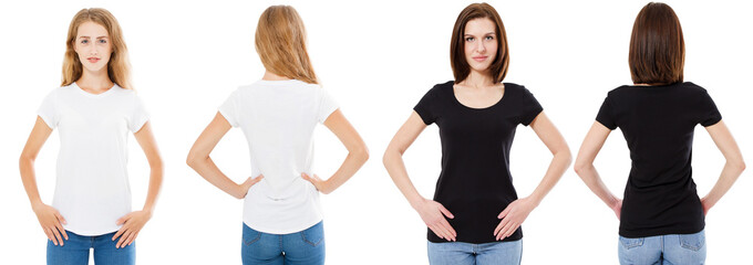 Wall Mural - T-shirt set. Front and back view Brunette and Blonde in white and black t shirt isolated. Two girl in blank shirt, Mock up, Collage, Copy space, Template