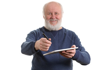 Funny old man using tablet computer isolated on white