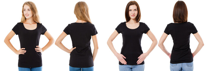 T-shirt set. Front and rear Brunette and Blonde in black t shirt isolated on white background. Two girl in blank shirt, Mock up, Collage, Copy space, Template