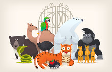 Vector Illustration Card With Animals Standing Near Gates Inviting To Visit A Zoo. 