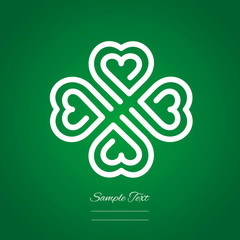 Clover logo line design four white hearts icon isolated green background