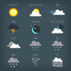 Set of vector weather forecast icons and signs. Images with different weather types during different seasons. Day and night sky icons. Vector illustrations